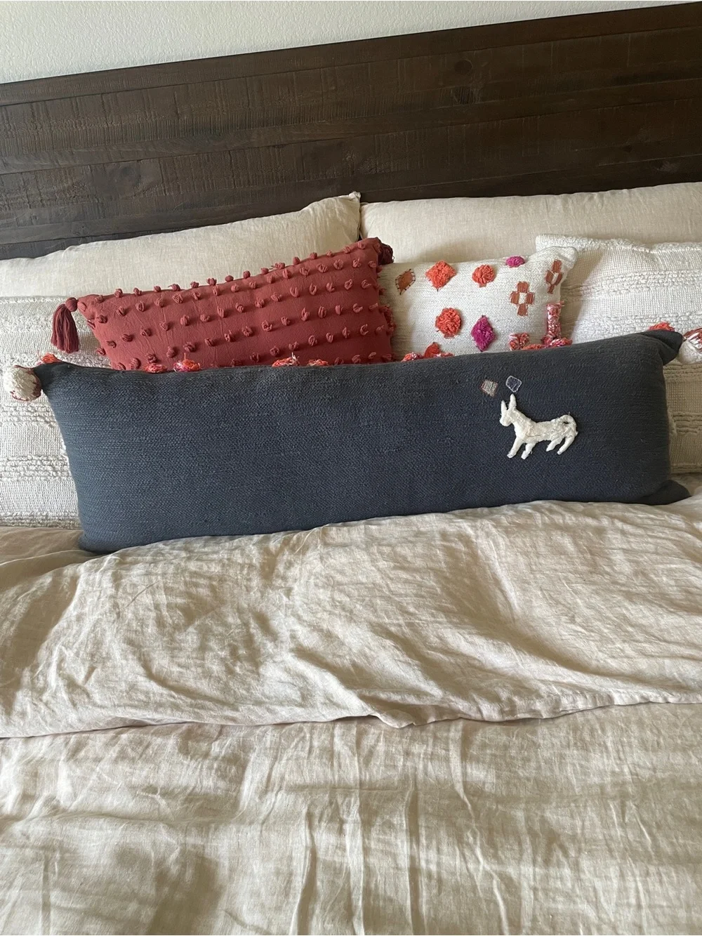 Anthropologie Charcoal Lumbar Pillow with Coral, Pink & Cream Accents